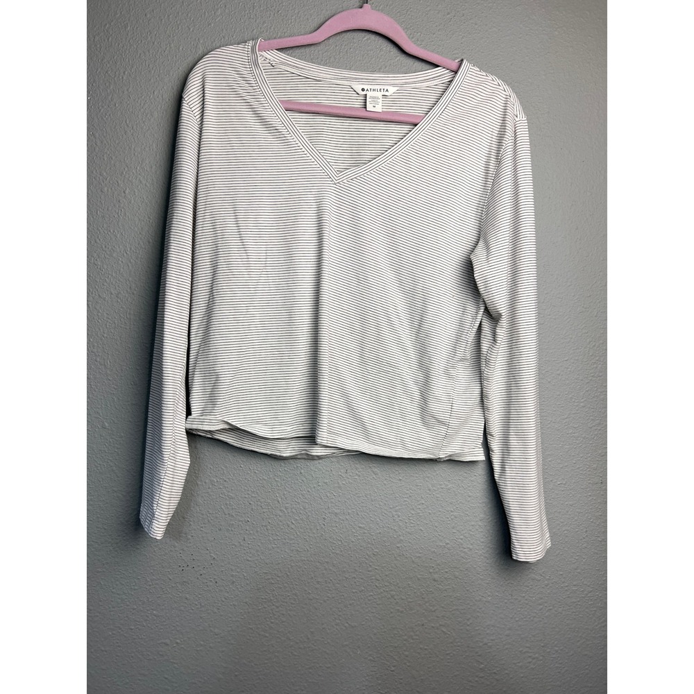 Athleta‎ Med Womens V-Neck Long Sleeve Striped Top White Navy Blue Athleisure
